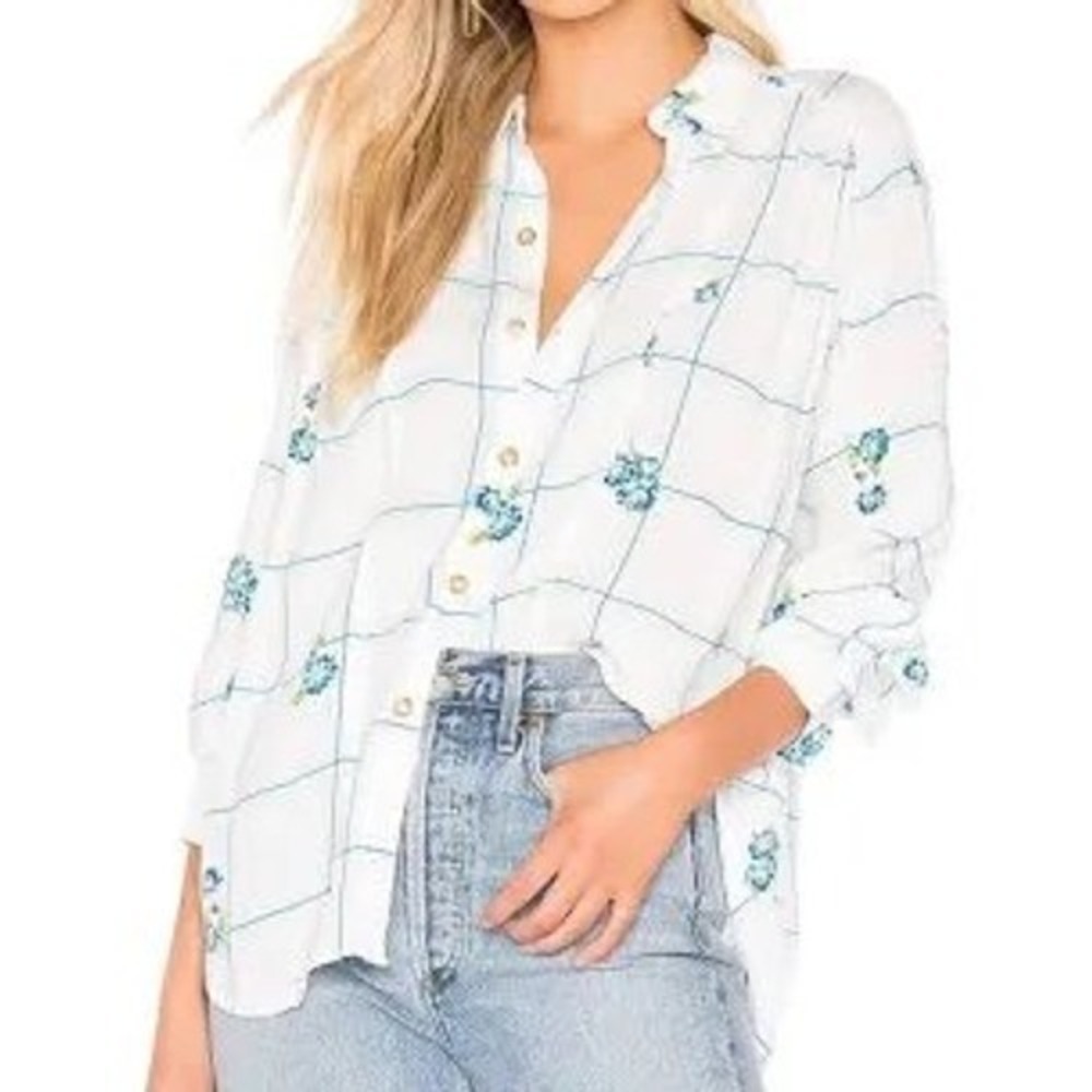 Free People window to my heart blue & white floral button down shirt Women's XS - Picture 2 of 11
